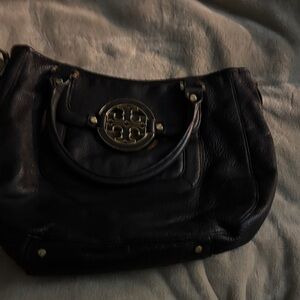 Tory Burch Black Leather Shoulder Bag with Gold Accents